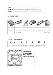 English worksheet: school things and numbers.