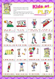 English Worksheet: Kids at Play Set  (2)   -    Completing the Pictionary with the Missing Vowels