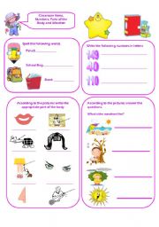 REVISION VOCABULARY. CLASSROOM ITEMS, NUMBERS, THE ALPHABET, PARTS OF THE BODY AND WEATHER