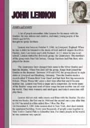 JOHN LENNON - A WELL READING PASSAGE AND COMPREHENSION QUESTIONS - ANSWER KEY INCLUDED