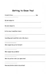 English worksheets: Getting to Know You!!!