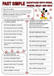 English Worksheet: PAST SIMPLE OF REGULAR VERBS (3) QUESTIONS WITH WHEN, WHERE, WHAT AND WHO 