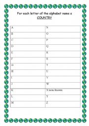 English Worksheet: Name a Country for Every Letter of the Alphabet