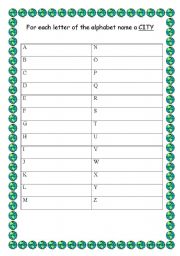 English worksheet: For each letter of the alphabet name a city