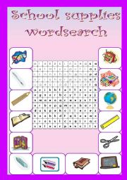 English Worksheet: School supplies - wordsearch