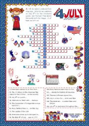4th of July - Happy Birthday America! - Crossword puzzle for Elementary and Lower Intermediate students