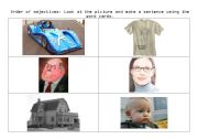 English worksheet: practicing the order of adjectives using pictures and word cards