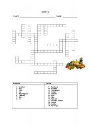 English Worksheet: crossword of vegetables, fruits and  snacks