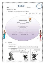 English Worksheet: Test 5 grade: Greetings, can, likes and dislikes, time, etc