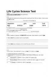 English Worksheet: Life Cycles Science Test 