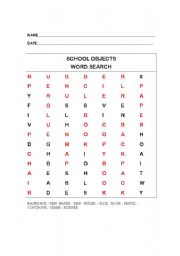 English worksheet: School Objects Word Search