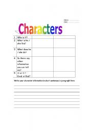 English worksheet: Character Description Page 1