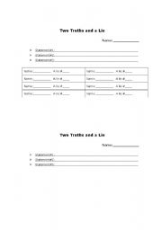 English worksheet: two truths and a lie