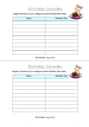English worksheet: Birthday Calendar