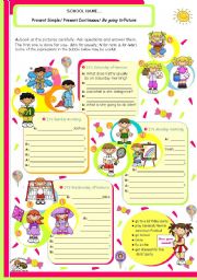 Grammar worksheet on 3 Verb tenses: Simple Present, Present Continuous and Be going to Future for Upper Elementary or Lower Intermediate students