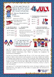 July 4th - Happy Birthday America - Quiz + Reading comprehension for Elementary and Lower intermediate students