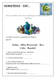 English Worksheet: Movie Session:  Monsters Inc. - 2 pages - 