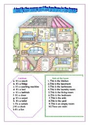 English Worksheet: Identify the parts of the house and the furniture
