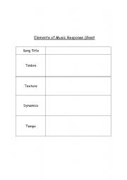 English Worksheet: Elements of Music Response Sheet