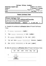 English Worksheet: Present continuous Tense -Affirmmative form