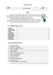 English Worksheet: Test on nationalities, family, possessive case and jobs. 
