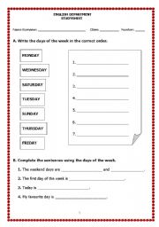 English Worksheet: Days and school subjects