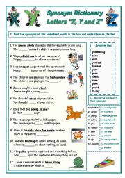 Synonym Dictionary, Letters X, Y and Z