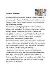 English Worksheet: Pokemon Reading Comprehension exercise