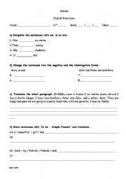 English worksheet: Exercise on verb to be