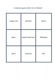 English worksheet: A memorygame about New Zealand