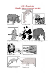 English worksheet: color the animals