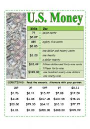 U.S. Money -- Reading amounts [Pair work activity card]