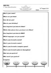 English worksheet: 1st day questionairre
