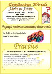 Confusing Words (1)...advice vs. advise...There are many grammatical errors that we, as teachers see every day. If you really want to improve your students English, this is the perfect set for you ;)