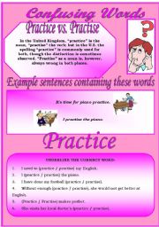Confusing Words (7)...practice vs. practise...There are many grammatical errors that we, as teachers see every day. If you really want to improve your students English, this is the perfect set for you ;)