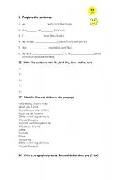 English worksheet: test about likes and dislikes