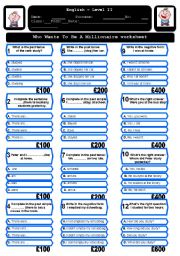 The Who wants to be a millionaire worksheet