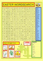 Easter wordsearch, small crossword and unscramble exercise