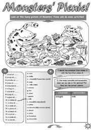 MONSTERS PICNIC - FUN ACTIVITY SET  FOR UPPER-ELEMENTARY AND PRE-NTERMEDIATE STUDENTS (countable uncountable nouns, containers, some any; speaking and writing practice) + STUDENT A  and  STUDENT  B PICTURES for pair work (3pages)