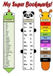 MY SUPER BOOKMARKS! (EDITABLE!!!) - FUNNY VOCABULARY BOOKMARKS FOR KIDS (numbers 1-100, alphabet, colours, body parts and days of the week) 2 pages B&W version included