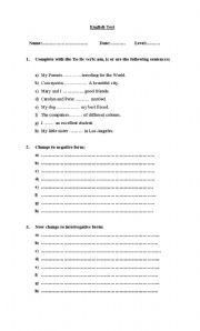 English worksheet: to be test