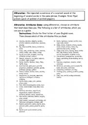English Worksheet: Alliterative Attributes Activity