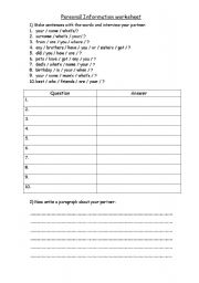 English worksheet: Personal information and interview
