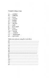 English worksheet: A and an