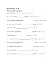 English worksheet: Preposition Excercise(on,at,in)