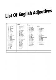 English worksheet: List of English adjectives