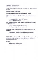 English worksheet: ADVERBS OF CERTAINTY (ADVERBS OF CERTAINTY.doc)