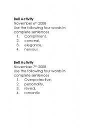 English worksheet: Bell Activity: Vocabulary Review