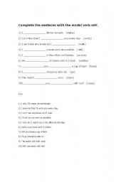 English worksheet: complete the sentences with the modal verb will