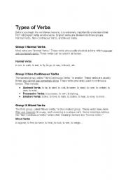 English worksheet: Verb Types - Normal, Non-Continuous and Mixed